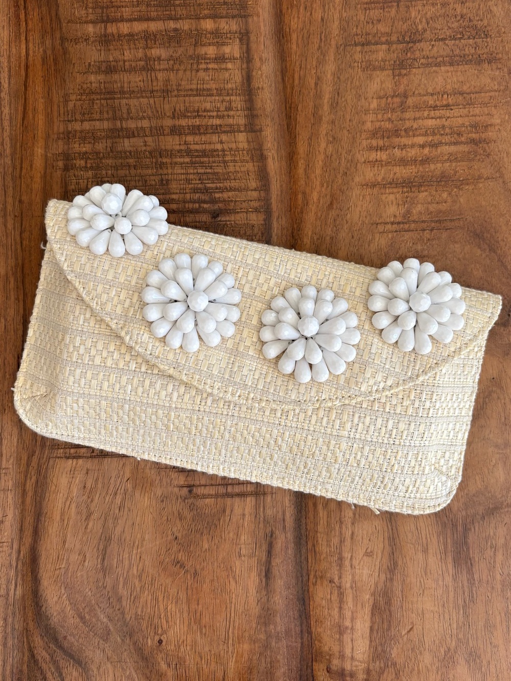 Handcrafted Cream Straw Clutch with White Floral Bead Accents